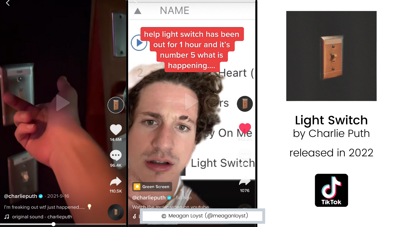 Charlie Puth's new hit single, "Light Switch" which had been previewed on TikTok over the past few months before its release
