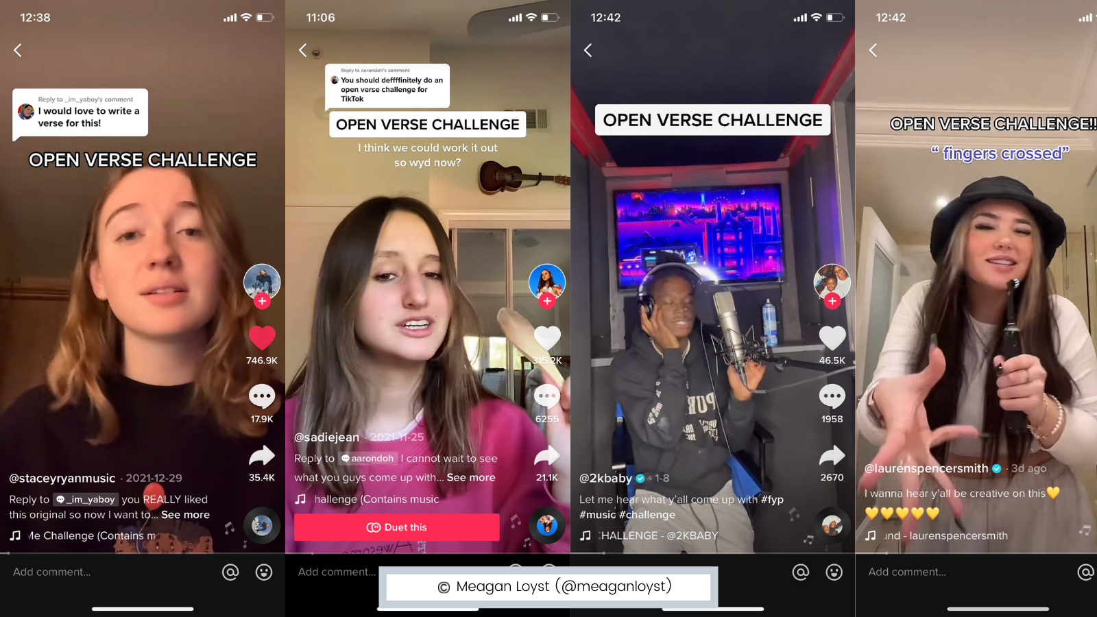 Examples of the popular "Open Verse Challenge" on TikTok, with users utilizing the stitching/duet feature