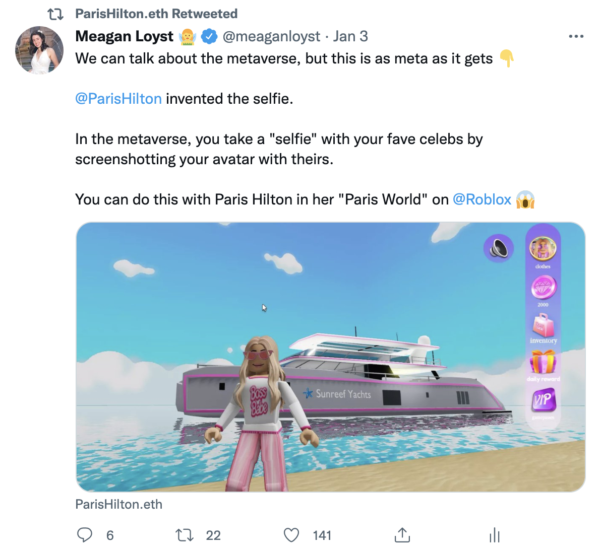 My tweet (RT by Paris!) detailing Paris Hilton & taking selfies in the metaverse