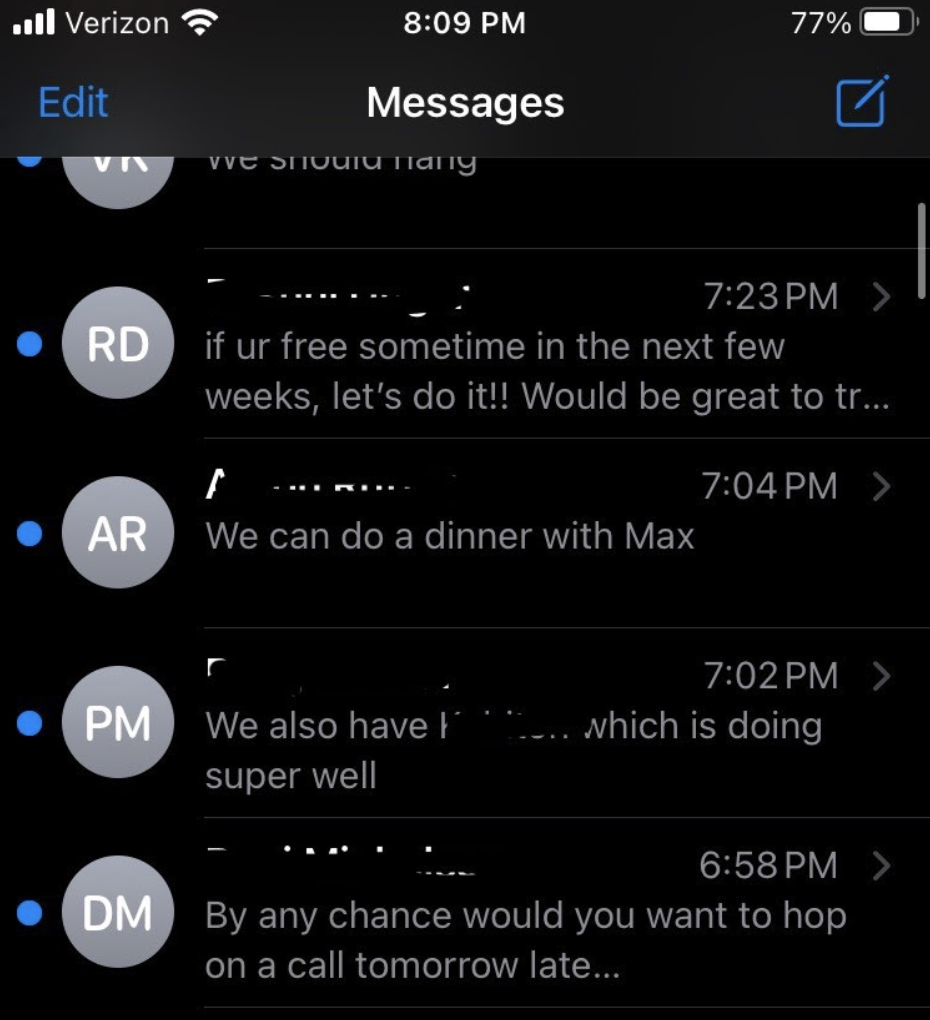 A screenshot from my friend right after the Gen Z VCs meet up, full of texts from people he met from his breakout room to meet up / trade deals.