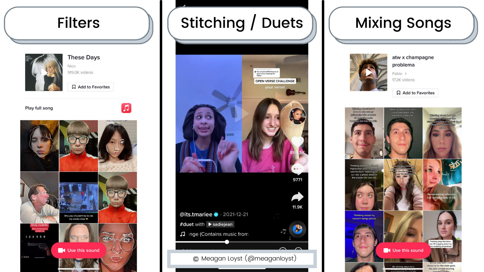 Various ways to empower fans to create alongside trending music on TikTok, many of which are embedded into the product (ie: filters, stitching, etc.)